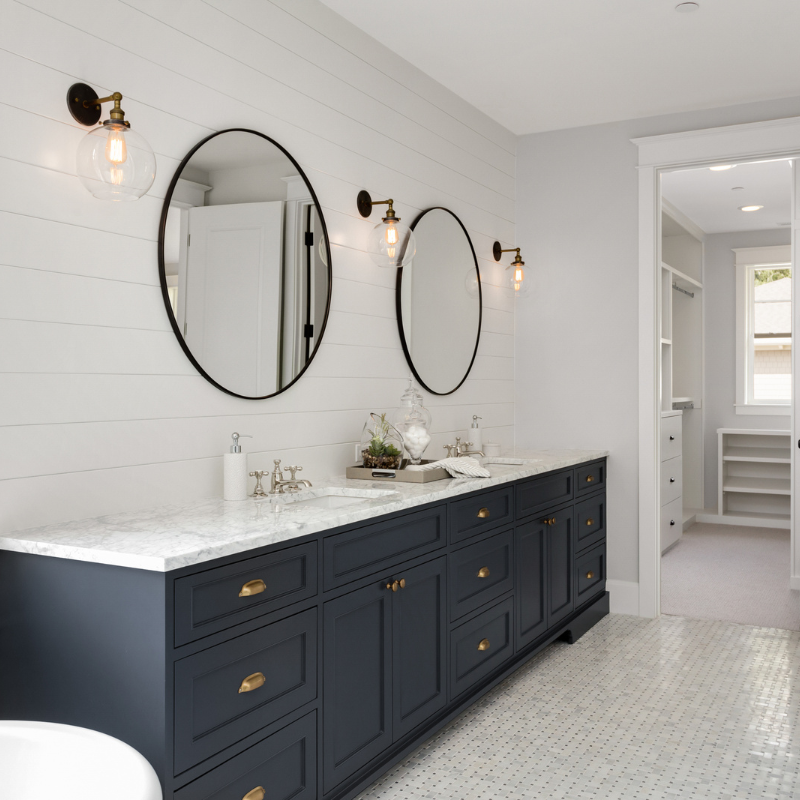 Luxury Bathroom Cabinet Design and Manufacturing Services in Athens, Madison, Huntsville AL and the Tennessee Valley White and Matte Navy